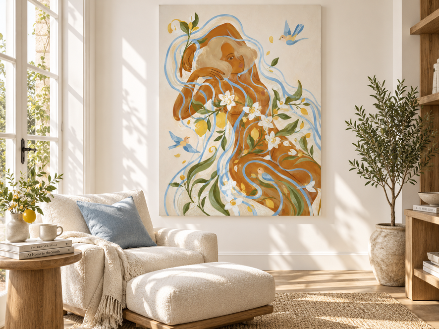 Hand-Painted Woman With Lemon Flowers And Birds Canvas Art