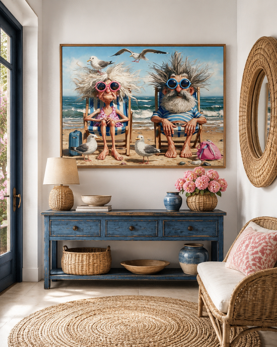 Retro Vintage Style Funny People Painting With Blue Sky And Ocean Waves