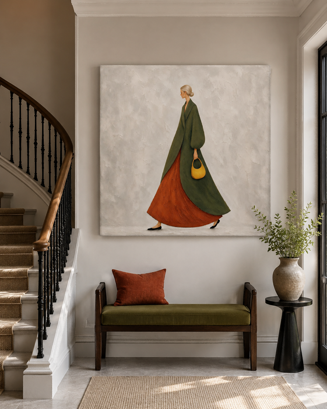 Hand-Painted Woman In Green Coat And Rust Skirt Canvas Art For Modern Home