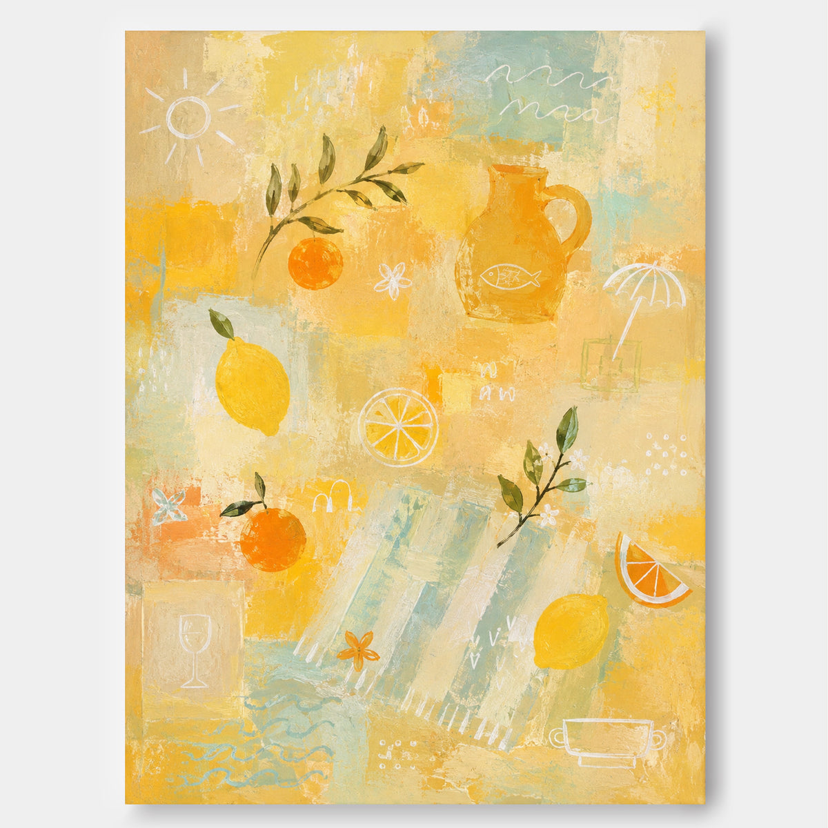 Hand-Painted Citrus Abstract Art With Lemon And Orange On Yellow Canvas