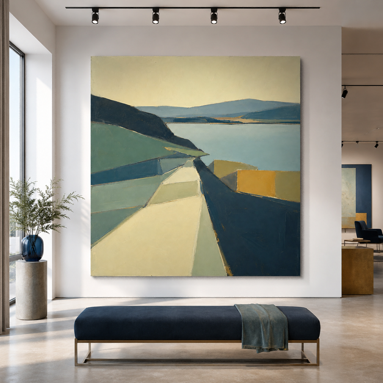 Modern Abstract Landscape Painting With Geometric Forms For Living Room Decor