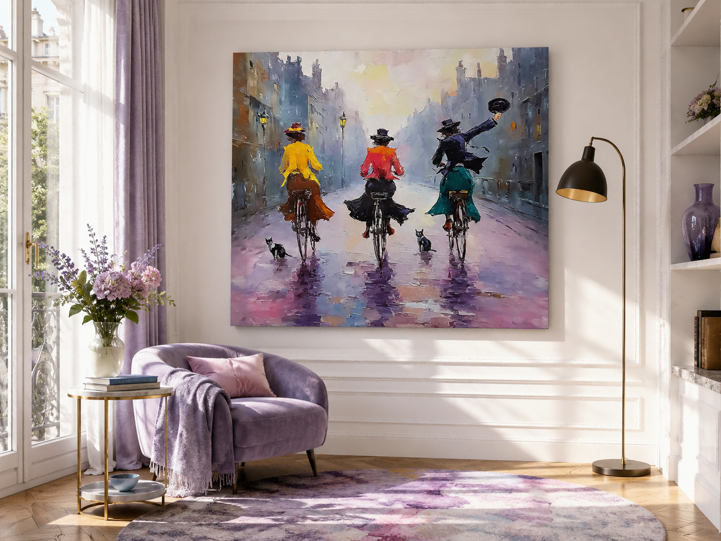 Impressionist Oil Painting Of Women Cycling In Rainy City Street With Cats
