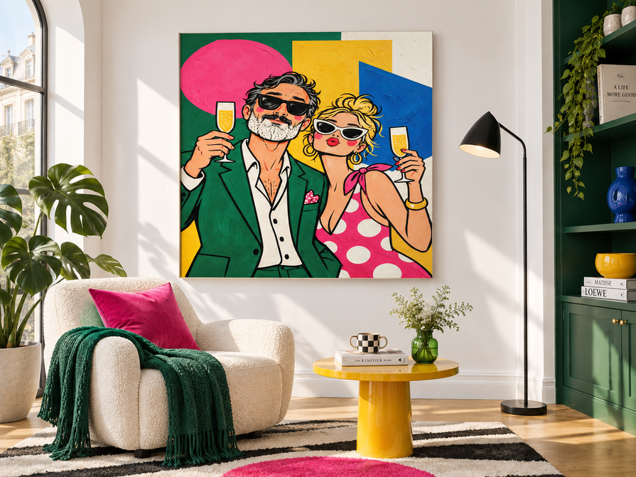 Stylish Couple Pop Art Canvas Painting With Champagne Glasses In Pink And Green
