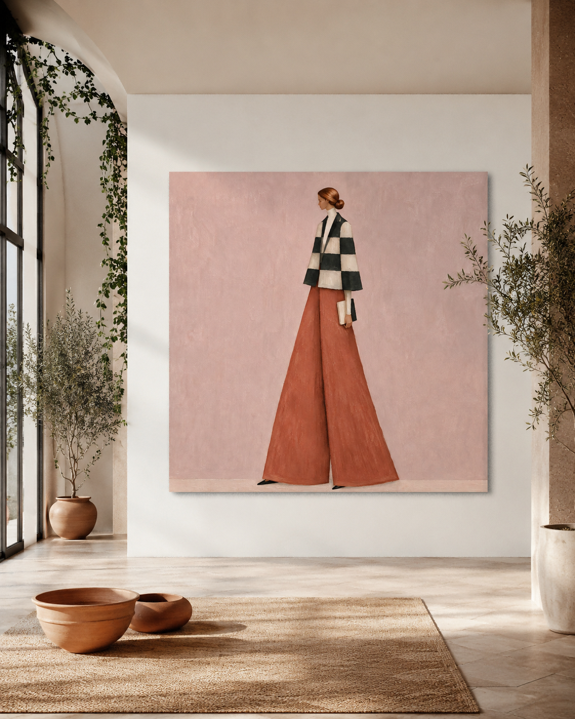 Fashion Woman In Checkered Jacket And Rust Pants Hand-Painted Canvas Art