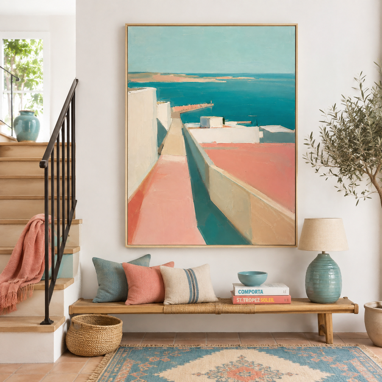 Abstract Coastal Architecture Art With White Buildings And Turquoise Sea Vertical Canvas