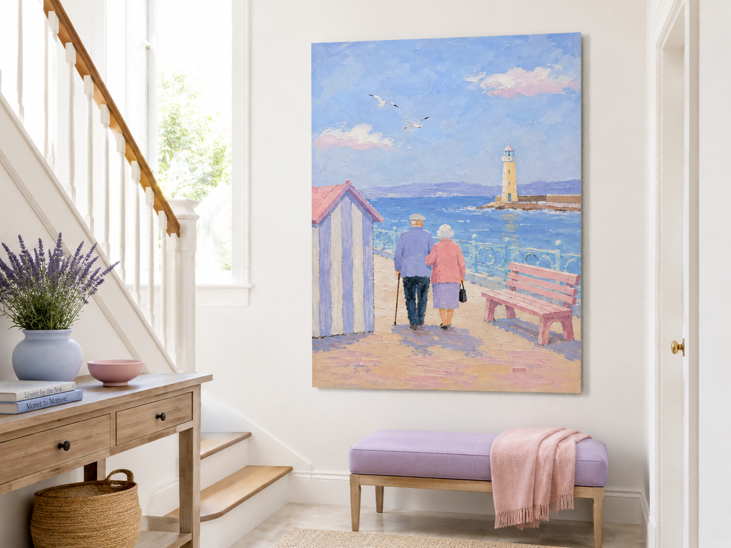 Romantic Impressionist Style Canvas Painting Of Beach Walk With Pastel Tones