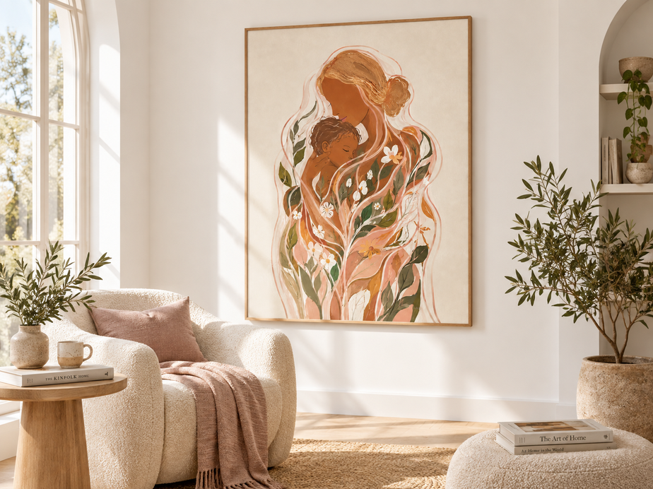 Bohemian Minimalist Abstract Painting Of Maternal Love And Nature