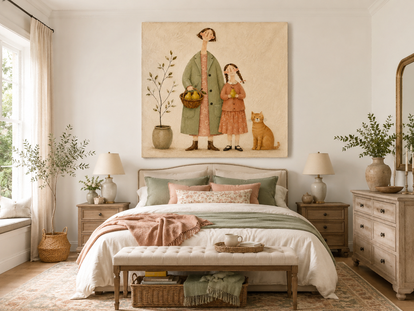 Charming Naive Art Painting Of Family With Cat In Vintage Style For Living Room Decor