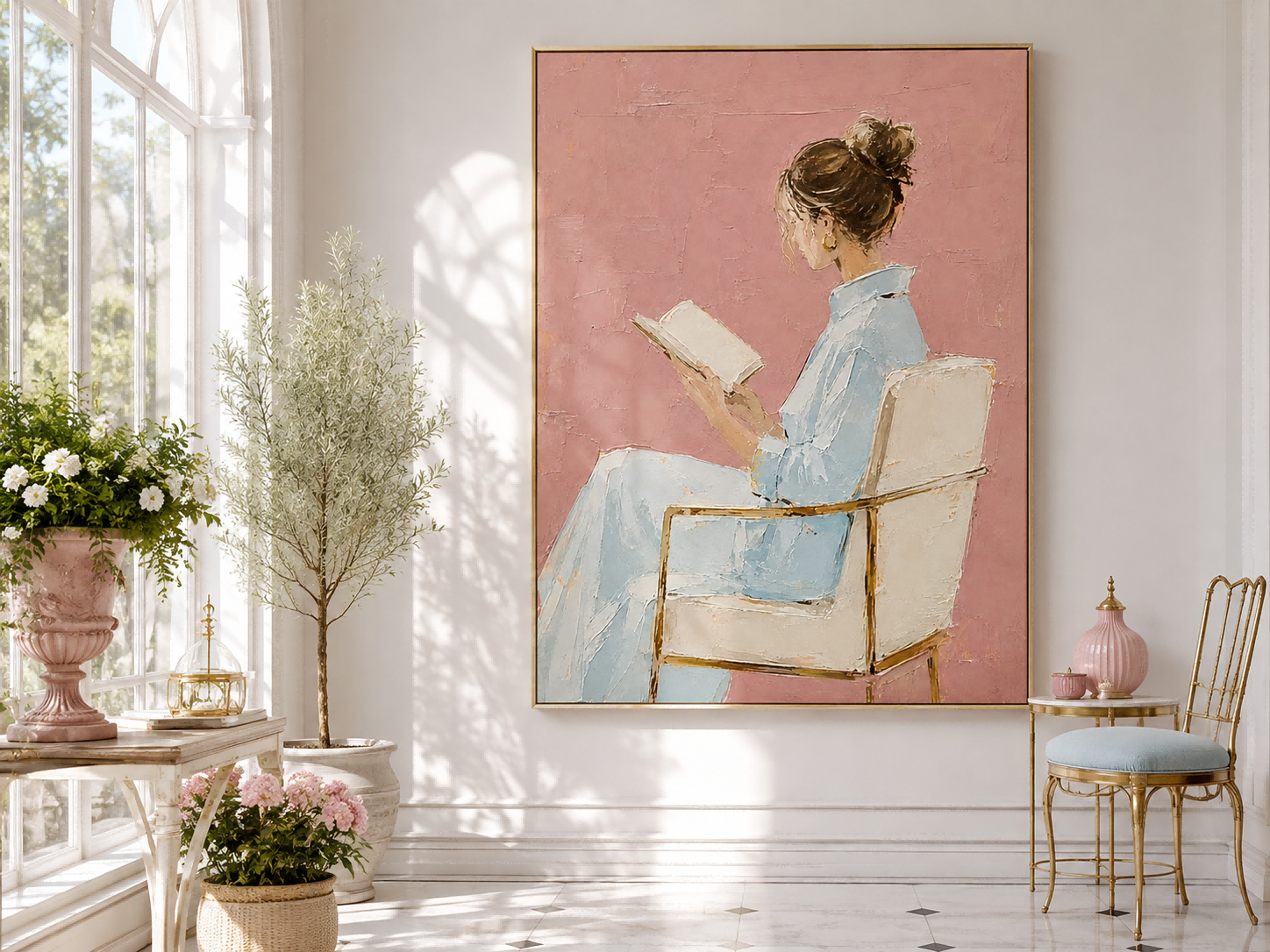 Modern Minimalist Oil Painting Of Lady Reading In Blue Dress With Pink Background
