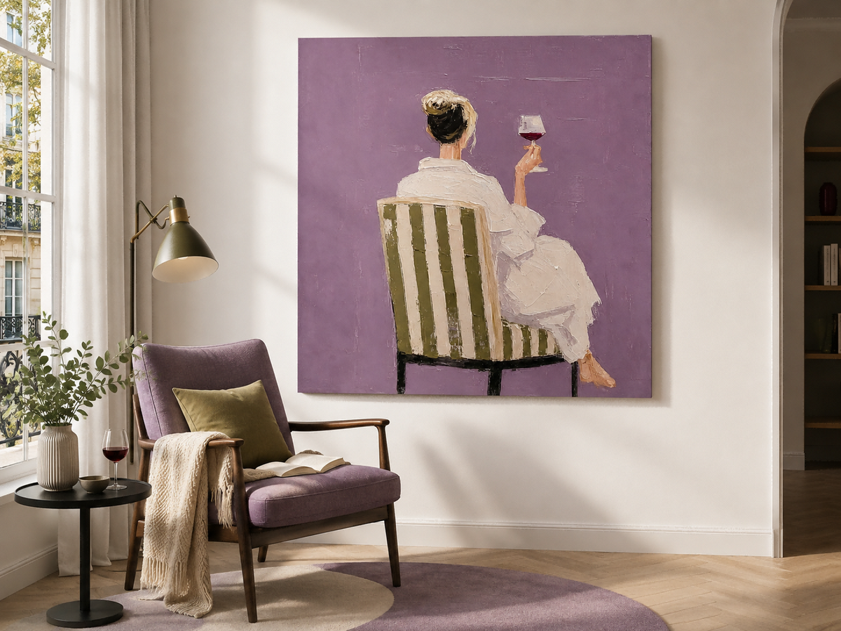 Woman With Wine Glass Hand-Painted Canvas Art In Purple And White Modern Living Room Wall Art With Elegant Woman And Striped Chair