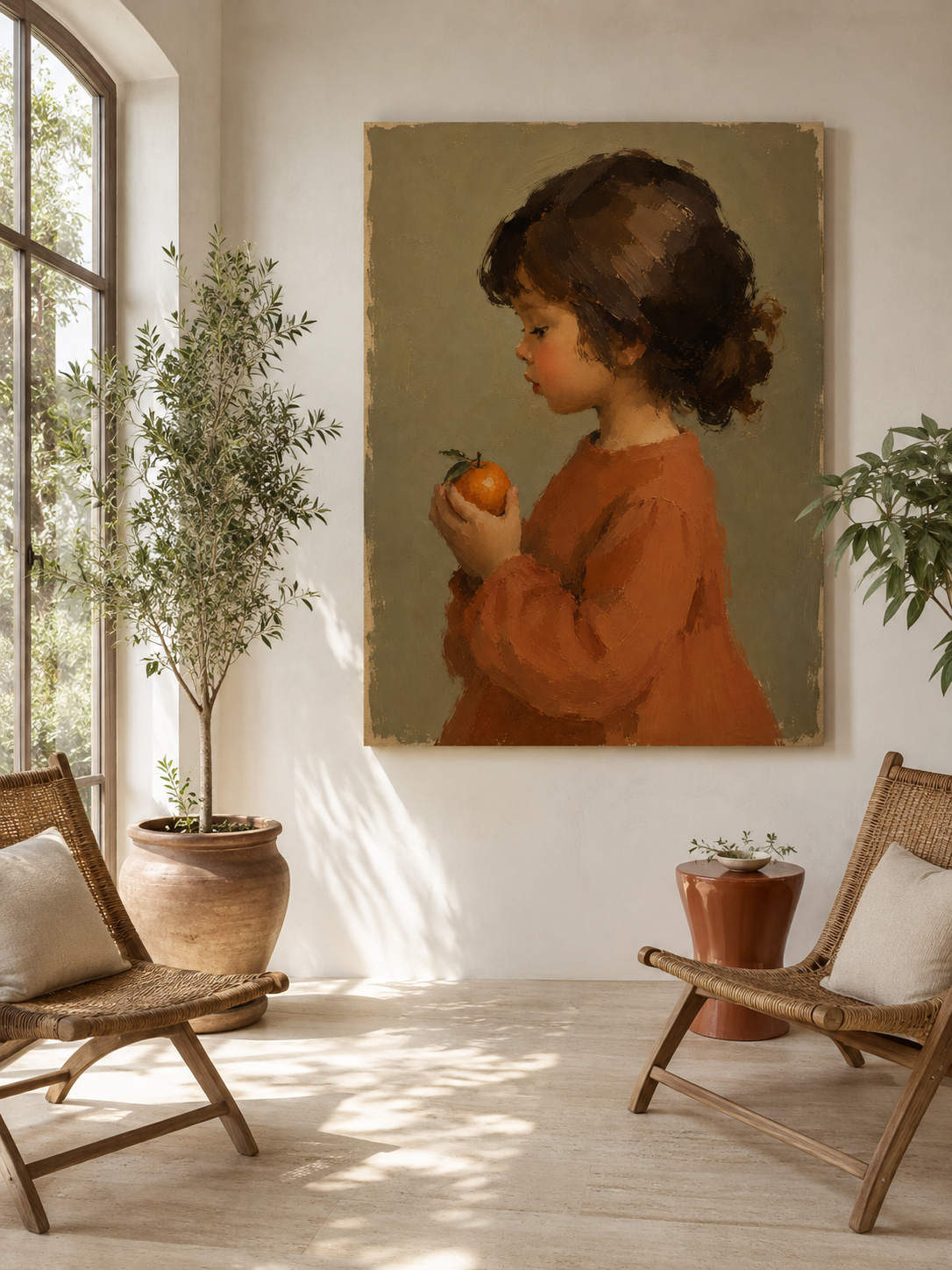 Vintage Girl Portrait With Orange Hand-Painted Canvas Art In Warm Earth Tones