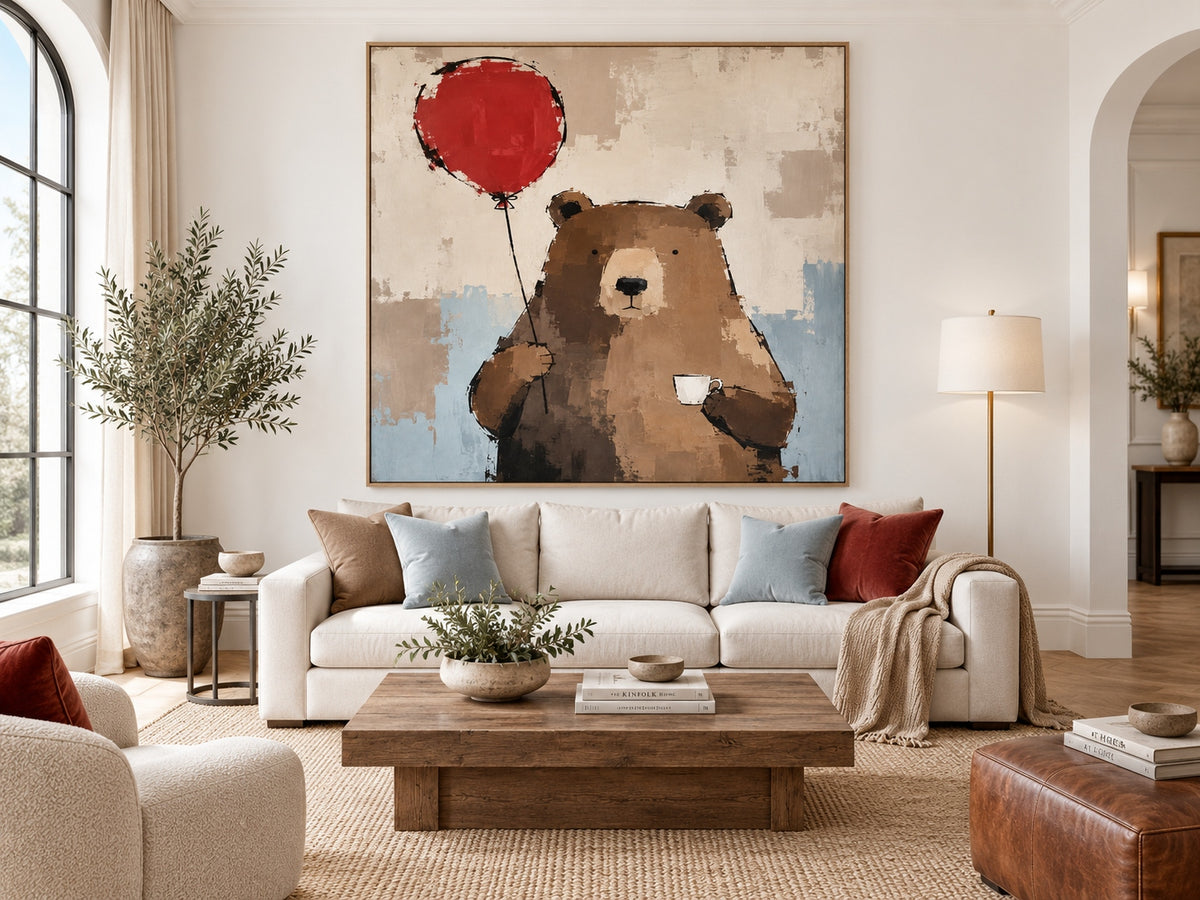 Hand-Painted Minimalist Brown Bear With Red Balloon Canvas Art