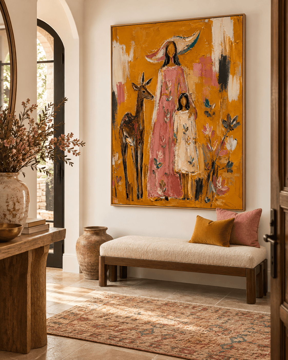 Abstract Pastoral Canvas Painting With Textured Ochre And Pink Tones Mother And Child With Deer Canvas Art