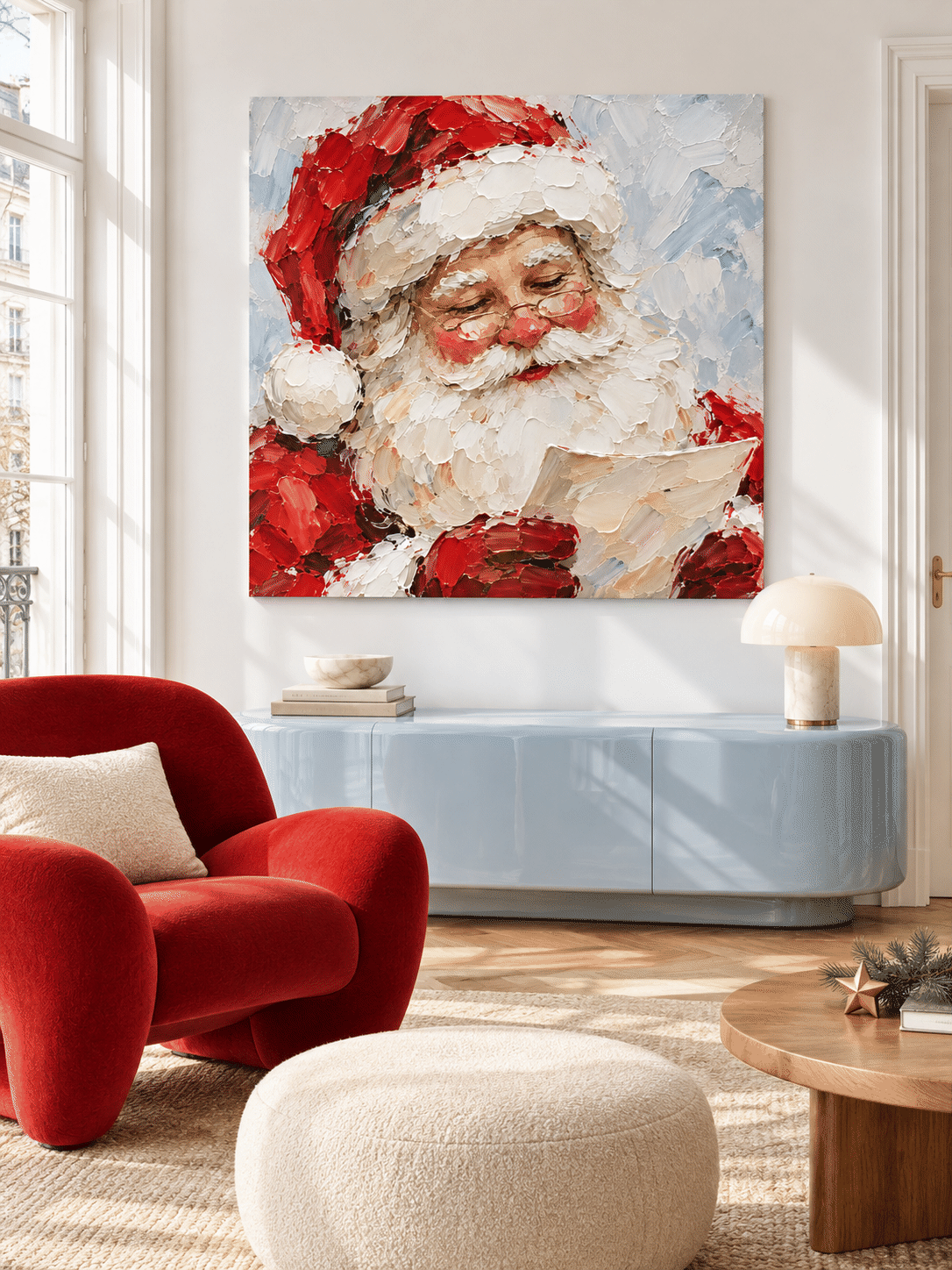 Modern Minimalist Santa Portrait Textured Oil Painting Holiday Gift Art