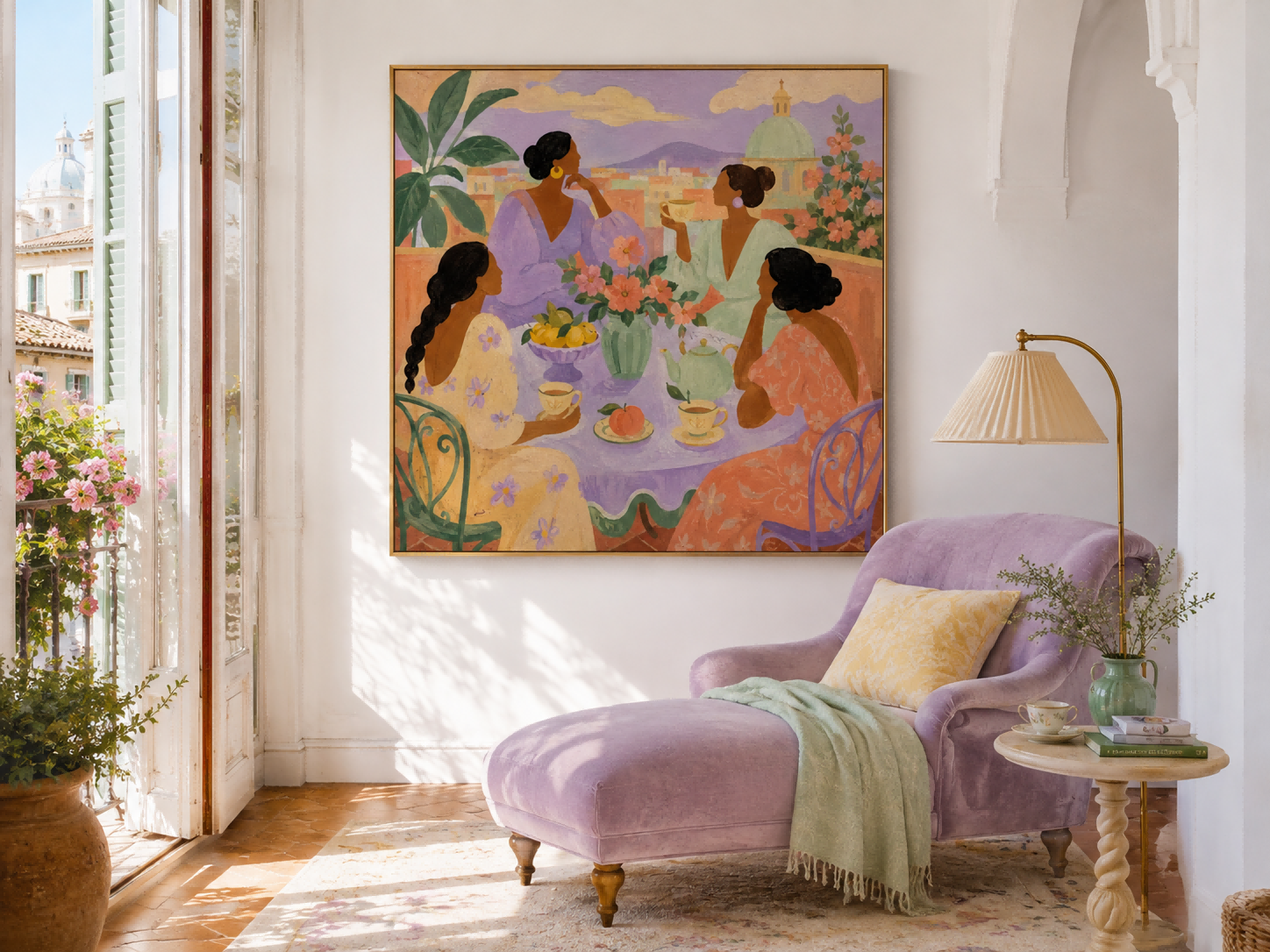 Art Deco Inspired Dreamy Female Gathering Original Canvas Art With Floral Details