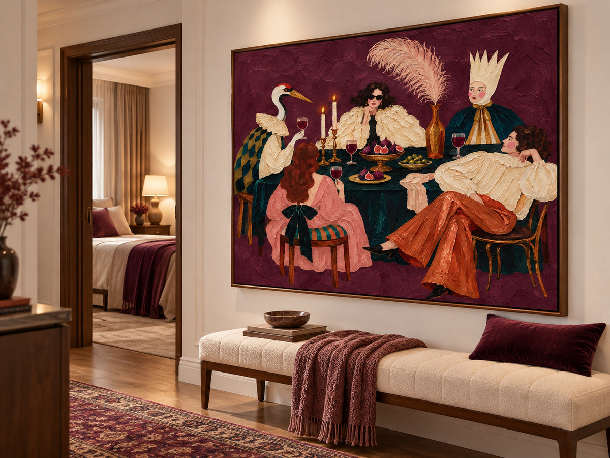 Textured Impasto Surrealist Art Modern Vintage Style Canvas Painting Unique Purple Wall Art For Dining Room
