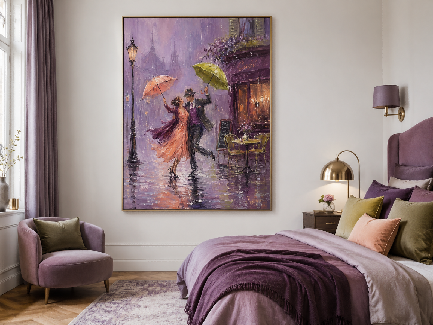 Romantic Impressionist Oil Painting Of Couple Dancing In Rain With Umbrellas For Living Room Decor