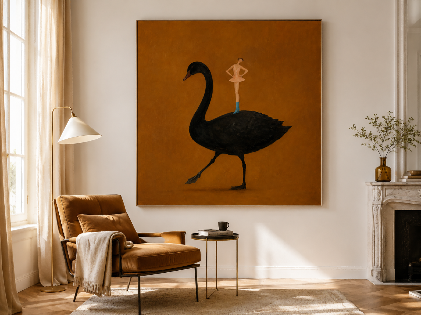 Surrealist Fashion Illustration Original Painting On Canvas Ochre Background Ballerina And Black Swan Hand-Painted Canvas Art In Warm Brown Tones