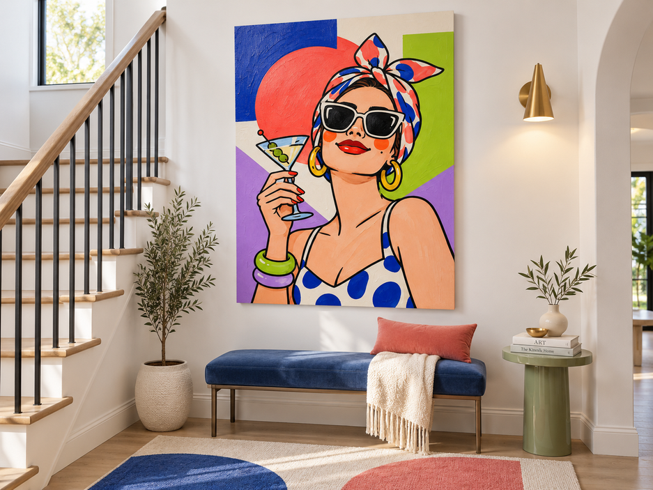 Pop Art Woman With Martini Glass Hand-Painted Canvas Wall Art