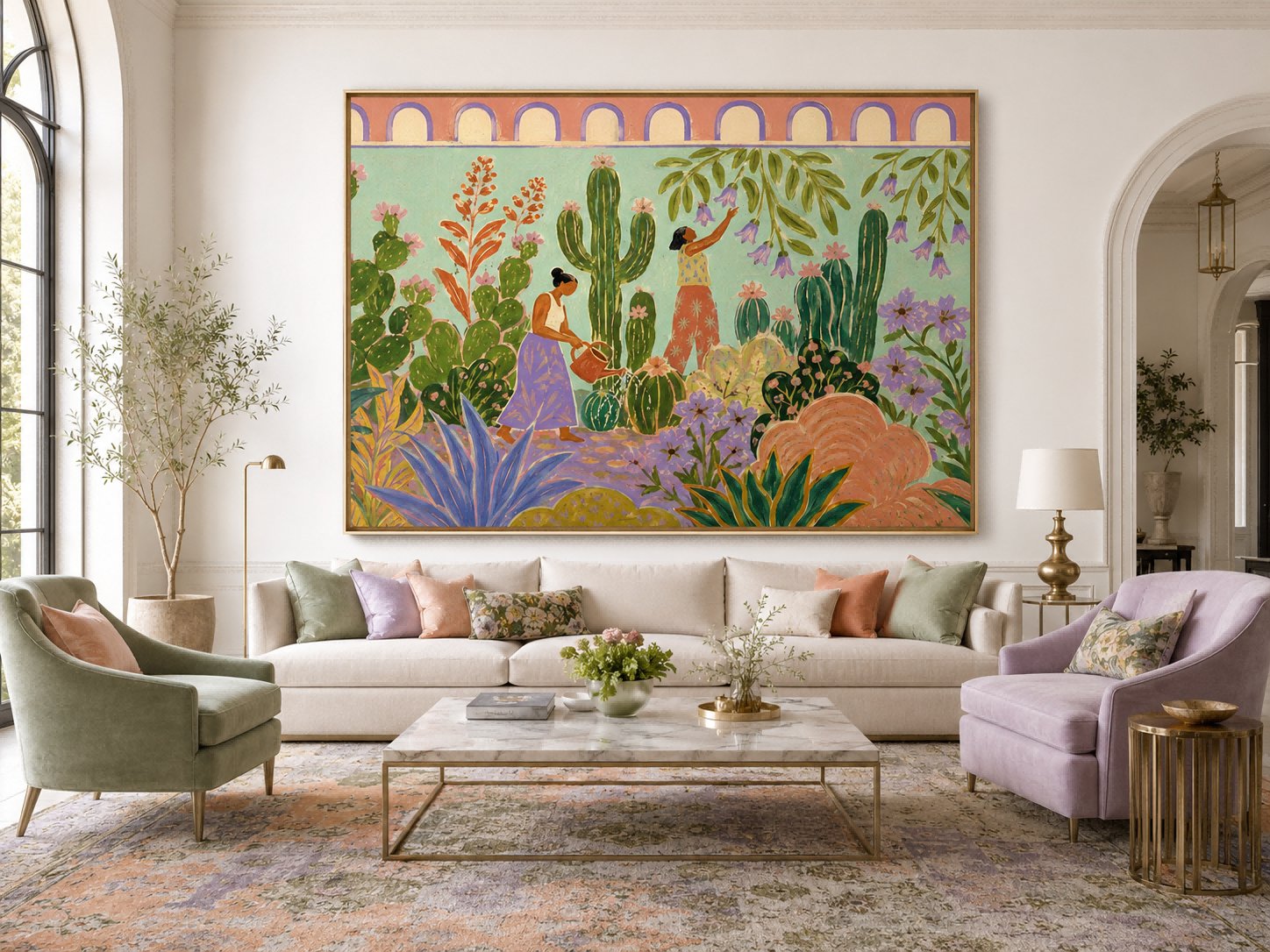 Fantasy Garden With Women Watering Cacti Hand-Painted Canvas Art Colorful Botanical Wall Art For Living Room And Sunroom Decor