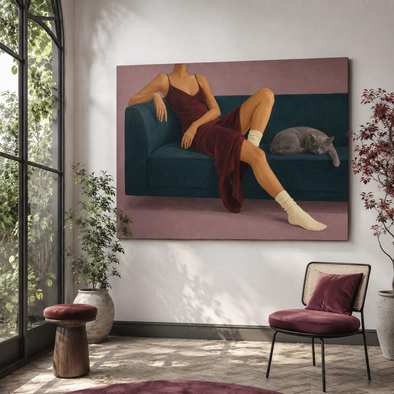 Modern Figurative Oil Painting Of Elegant Woman Resting With Pet At Home Woman And Cat On Sofa Hand-Painted Modern Canvas Art In Red And Teal