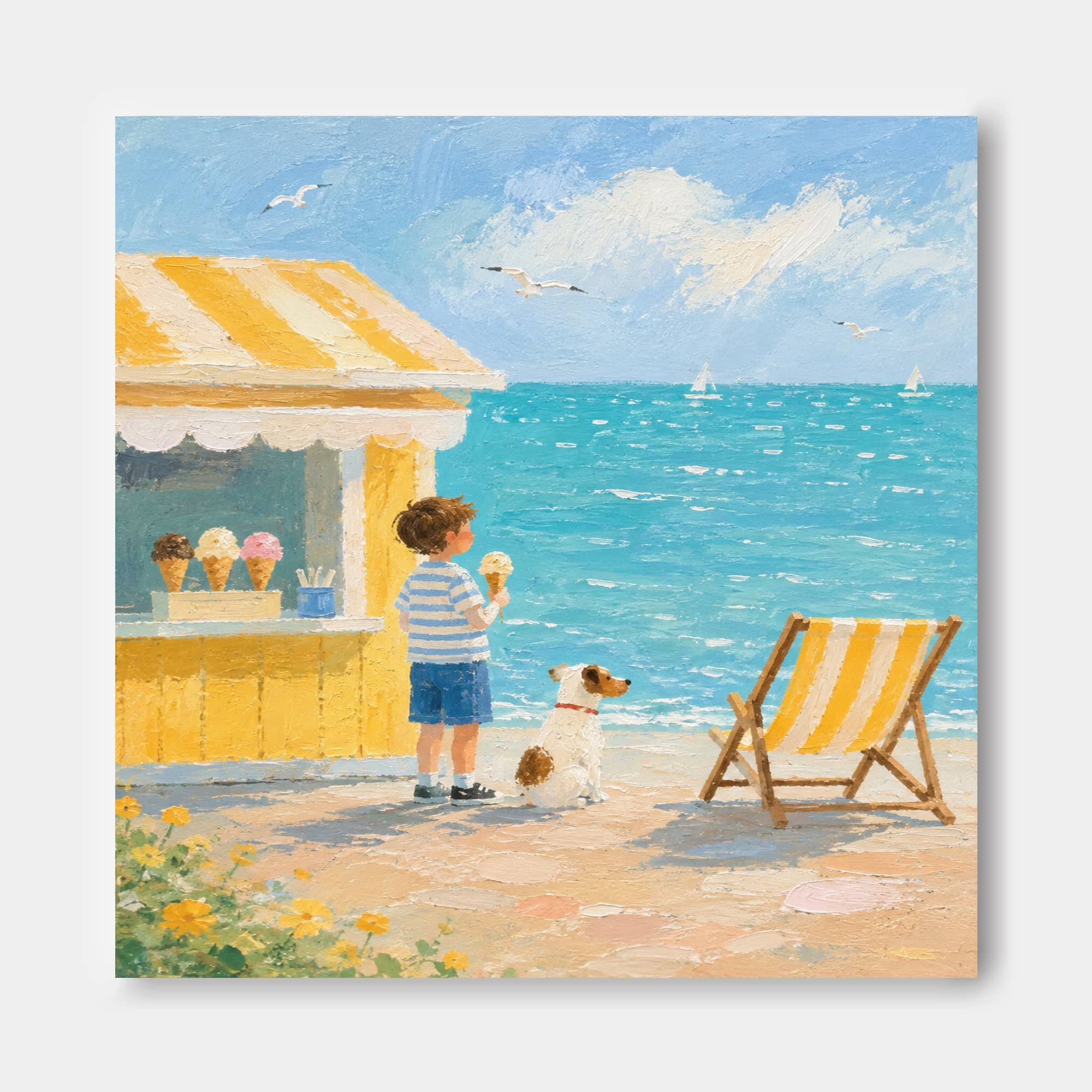 Cheerful Beach Scene Canvas Painting For Coastal Living Room Decor