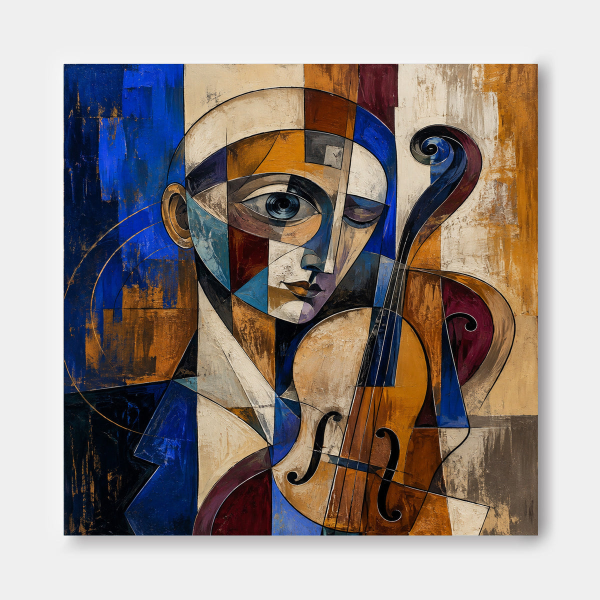 Vintage Geometric Picasso Style Painting With Textured Blue Gold Tones