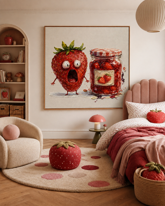 Funny Anthropomorphic Strawberry Art Original Canvas Print With Jam Jar Theme