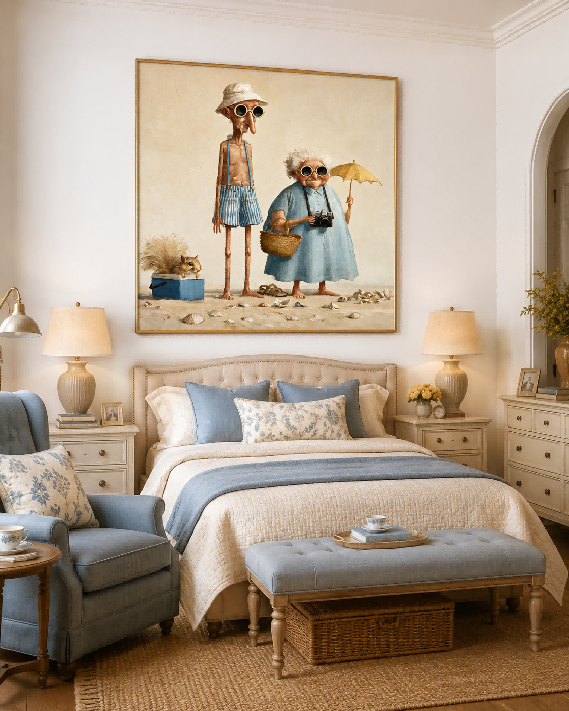 Vintage Couple Beach Painting Square Canvas Wall Art For Living Room Decor