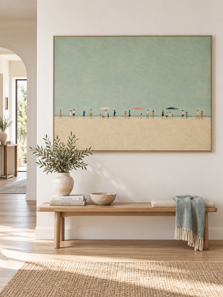 Hand-Painted Beach Scene With Figures And Umbrellas In Sage Green