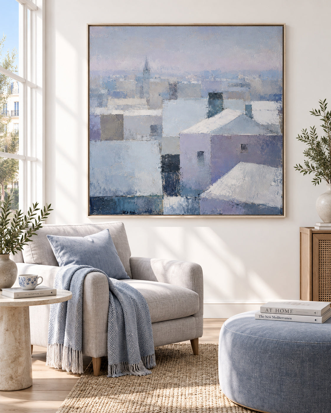 Abstract Cityscape Canvas Painting With Geometric Blue And Purple Blocks