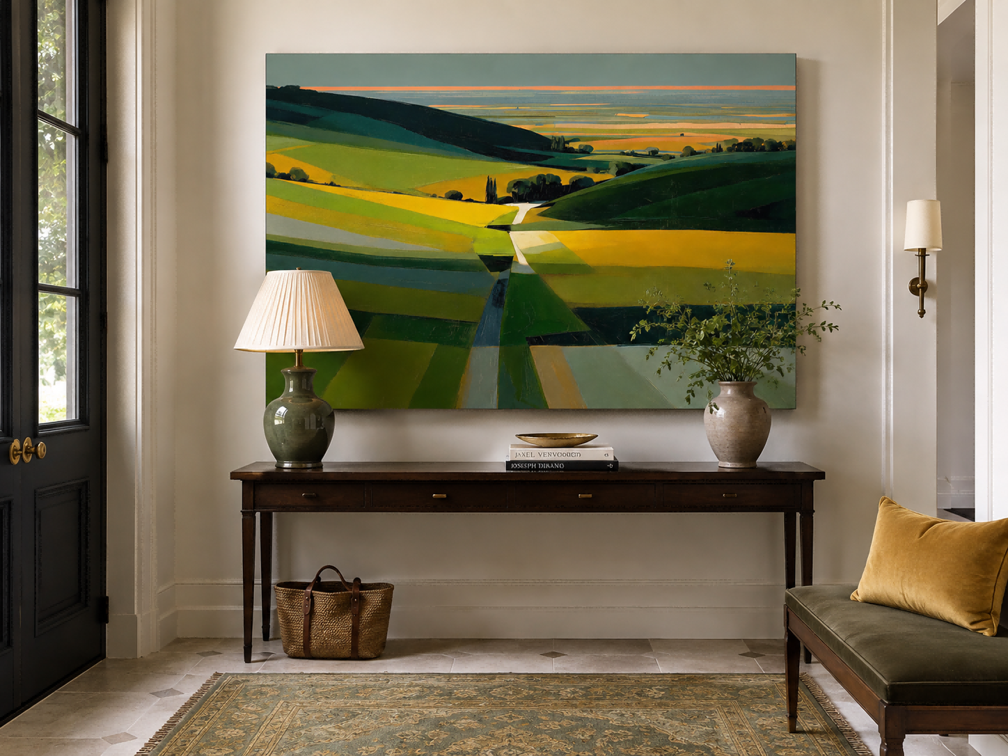 Modern Abstract Landscape Painting With Green And Yellow Fields For Living Room Decor