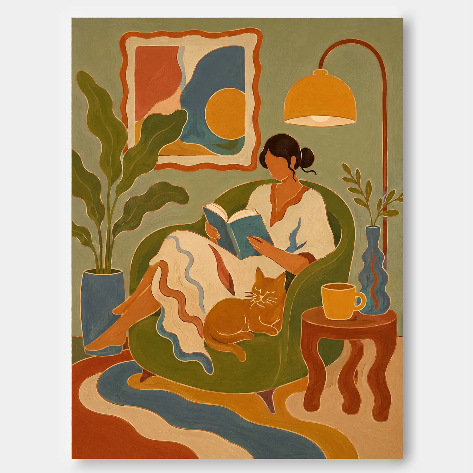 Art Deco Fantasy Style Canvas Art Woman Reading In Green Armchair Hand Painted