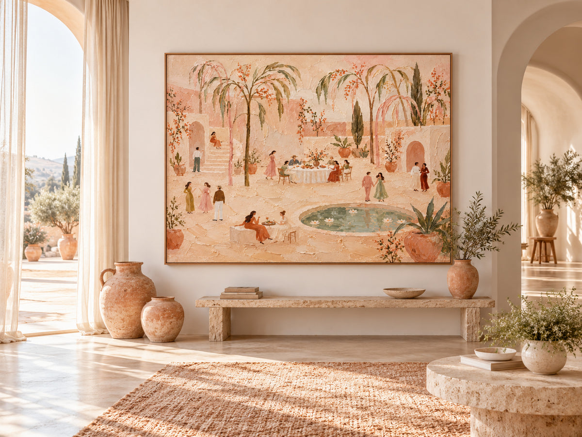 Vintage Moroccan Style Painting With Soft Pink And Green Tones