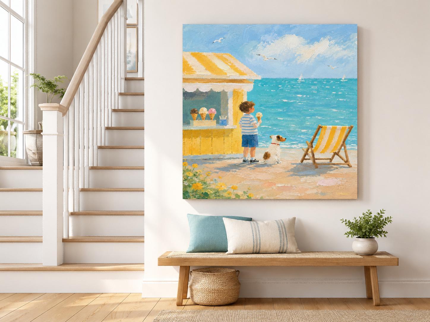 Cheerful Beach Scene Canvas Painting For Coastal Living Room Decor