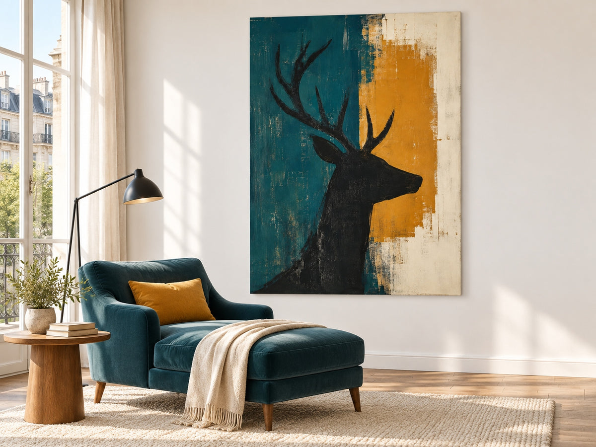 Hand-Painted Black Stag Silhouette Canvas Art With Teal And Amber