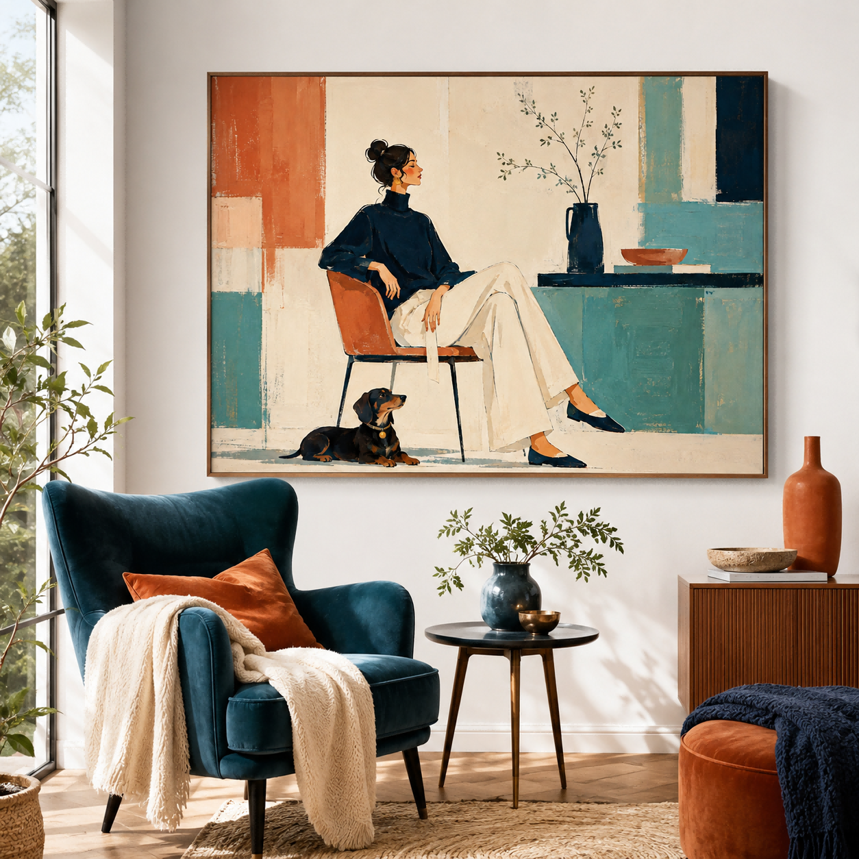 Stylish Illustrative Oil Painting Of Woman And Dog For Contemporary Home Interior Design