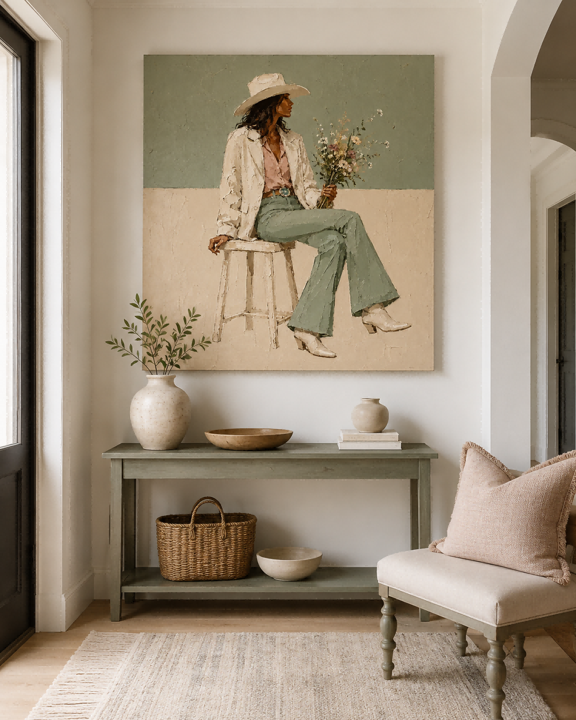 Stylish Cowboy Woman Portrait With Wildflowers In Sage Green And Beige Tones For Modern Farmhouse Decor