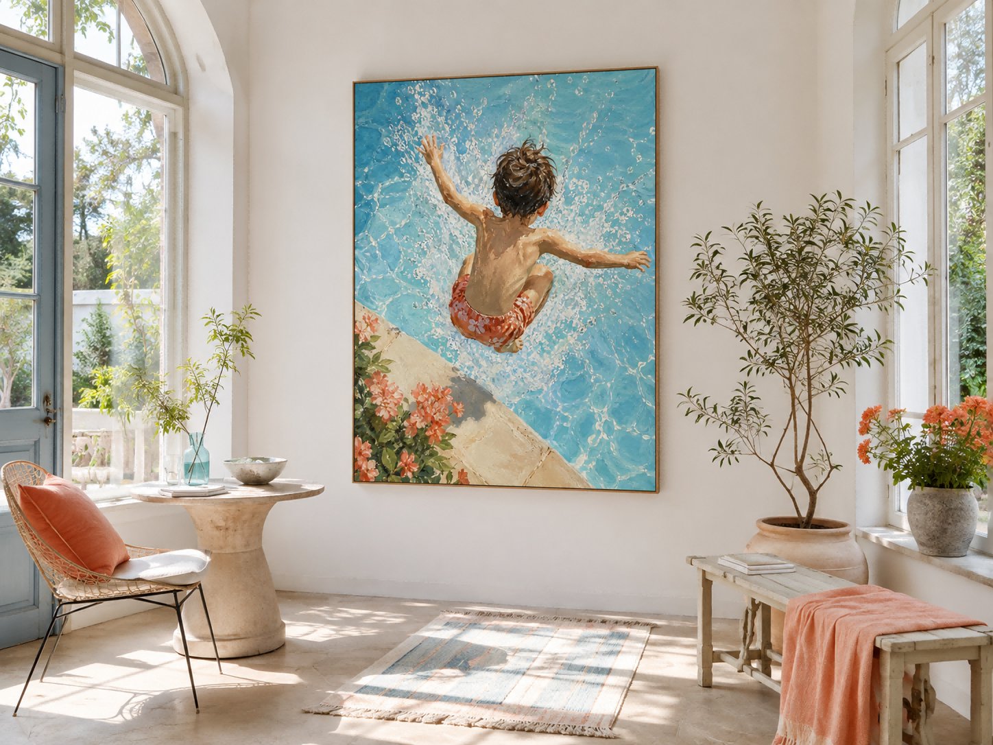 Realistic Impressionist Swimming Pool Art Hand Painted Canvas For Beach House Decor