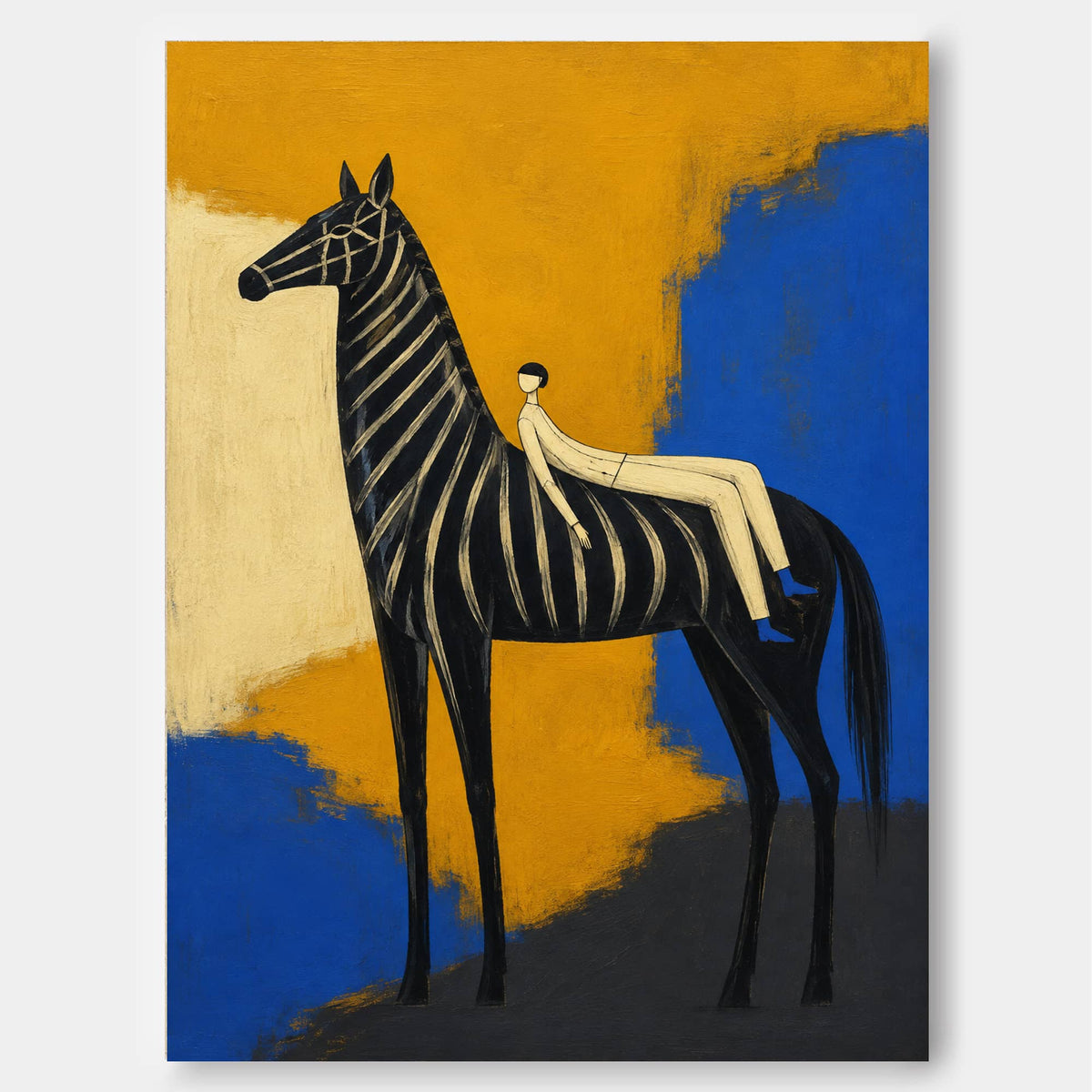 Abstract Zebra And Figure Canvas Painting With Bold Gold Blue Colors