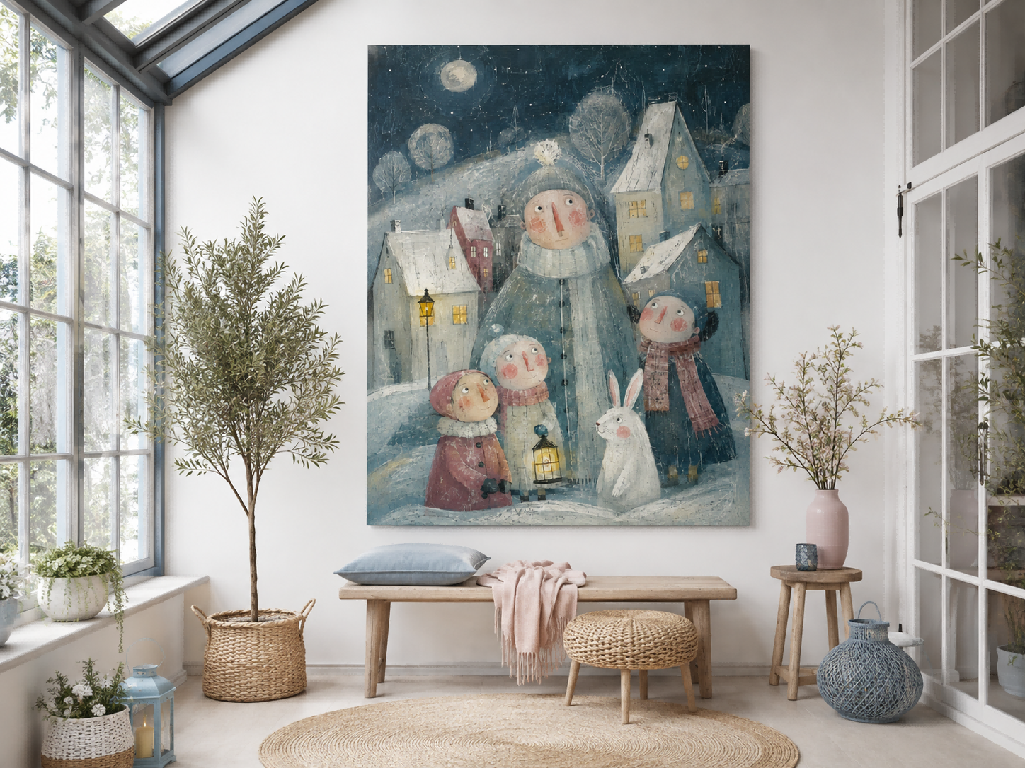Whimsical Winter Family Scene Hand-Painted Canvas Art With Rabbit And Moon