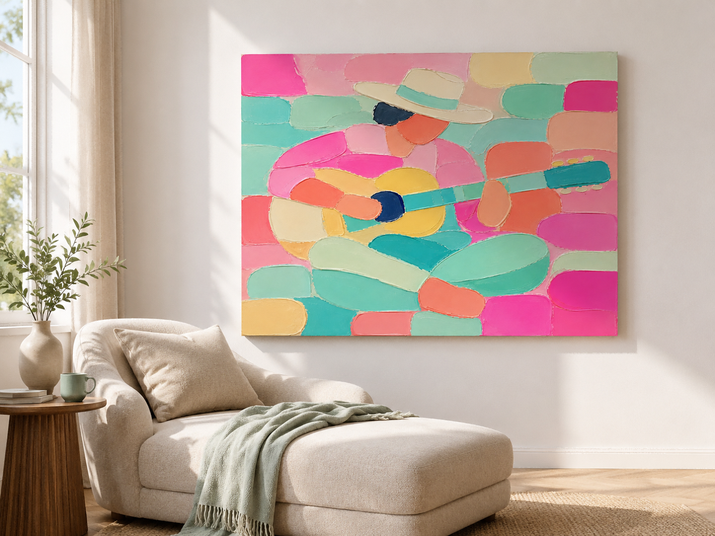 Modern Minimalist Guitar Player Oil Painting With Impasto Texture For Living Room Decor
