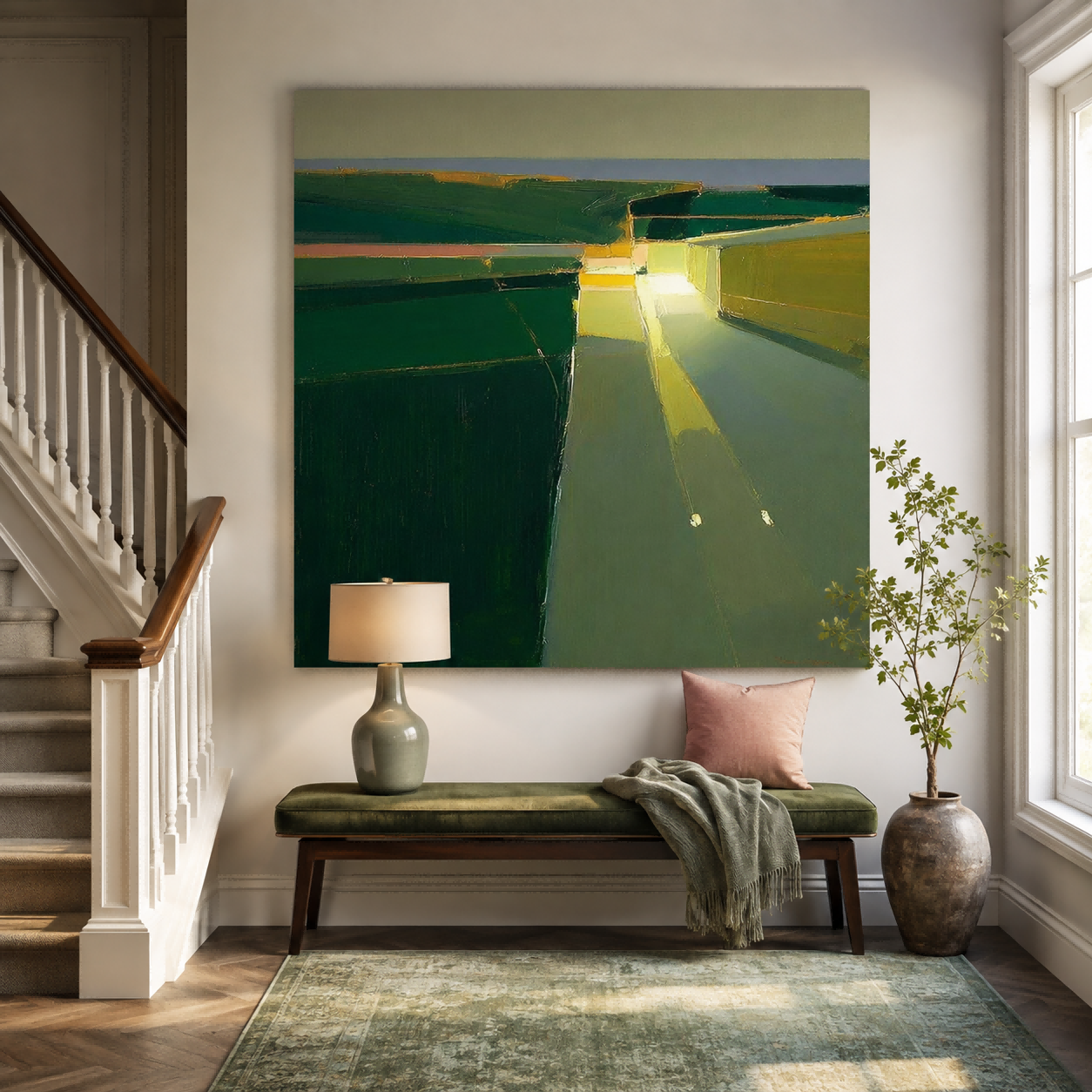 Modern Abstract Green And Yellow Square Oil Painting For Living Room Wall Art Decor