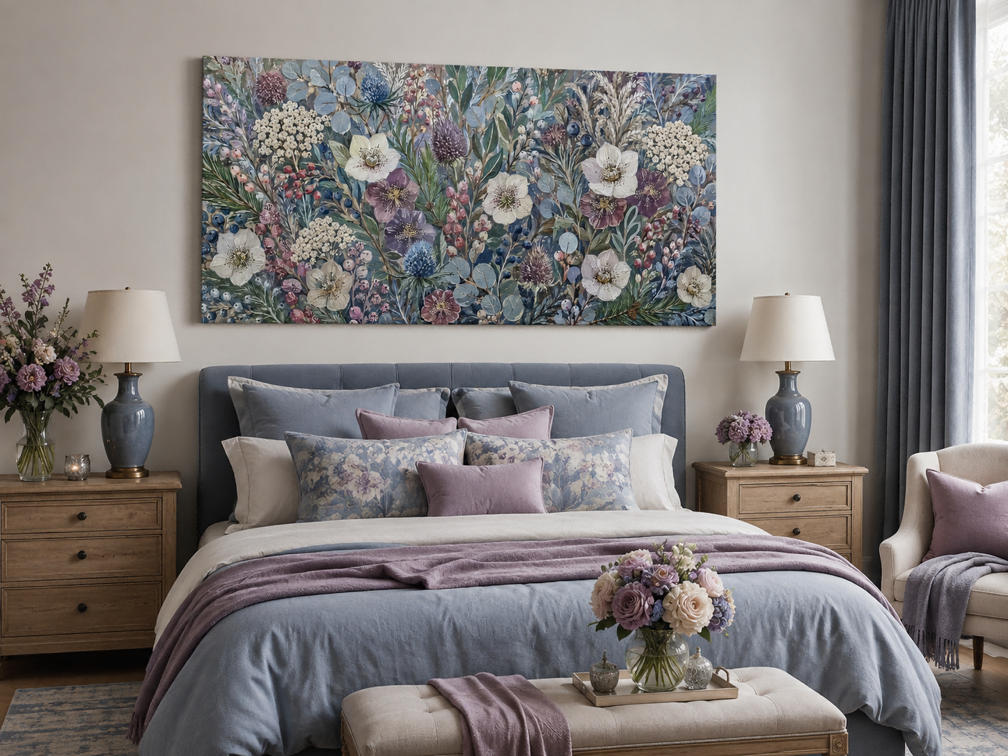Vintage Blue Floral Oil Painting Textured Art For Elegant Living Room Decor