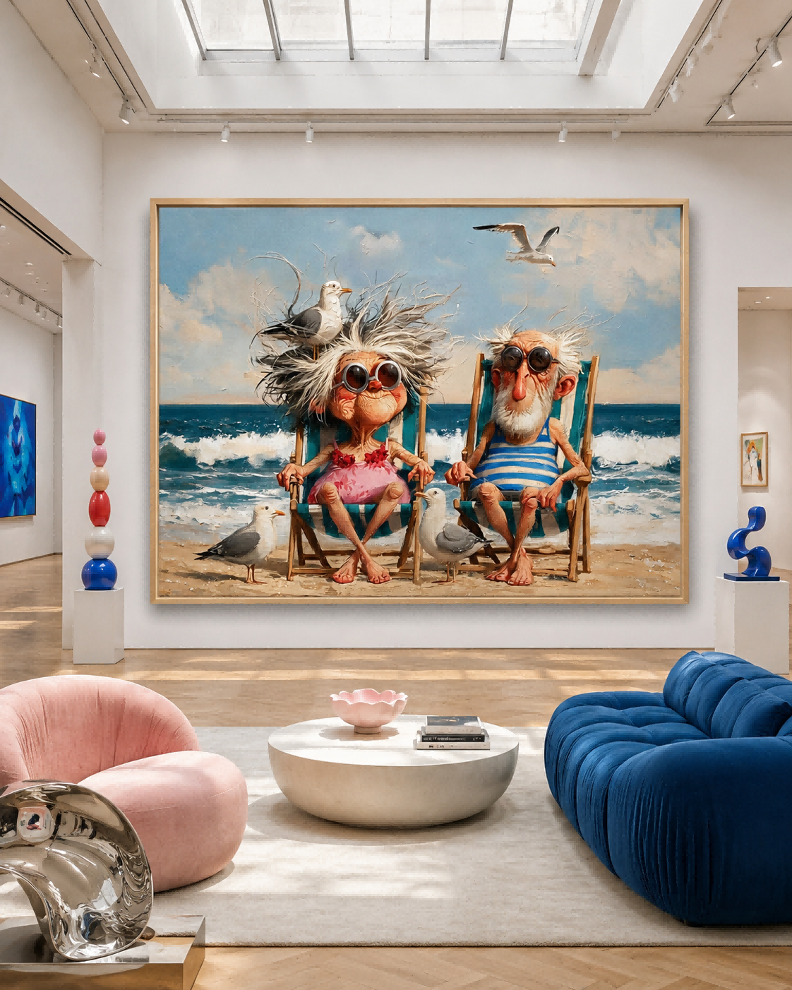 Bright Coastal Art Featuring Funny Seniors And Seagulls For Beach House Wall