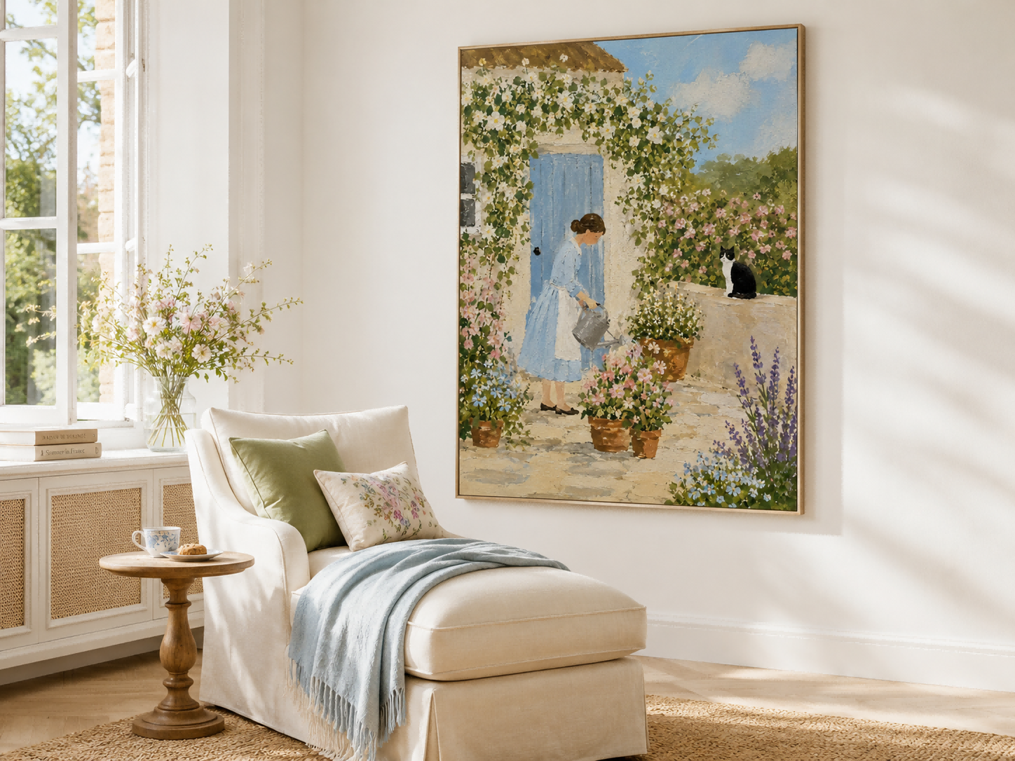 Woman Watering Flowers In Cottage Garden Hand-Painted Canvas Art