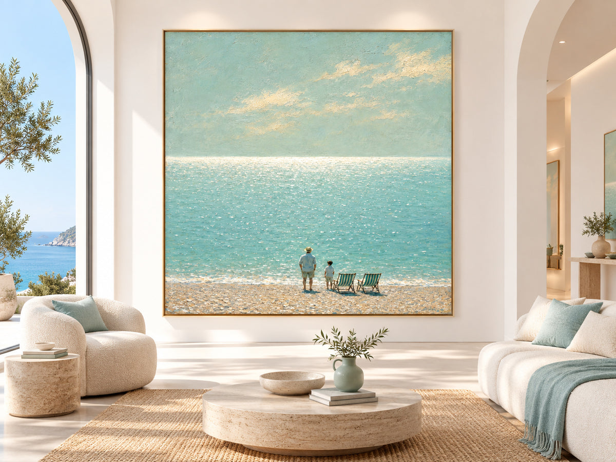 Father And Son Beach Scene Hand-Painted Canvas Art In Soft Blue Tones