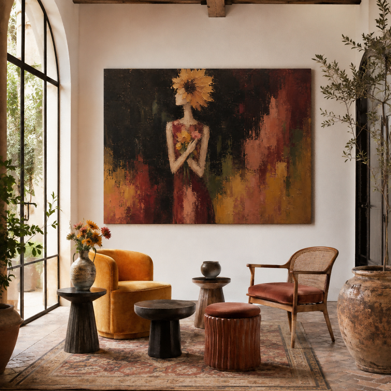 Vintage Sunflower Woman Painting Abstract Floral Portrait Art For Living Room Wall Decor