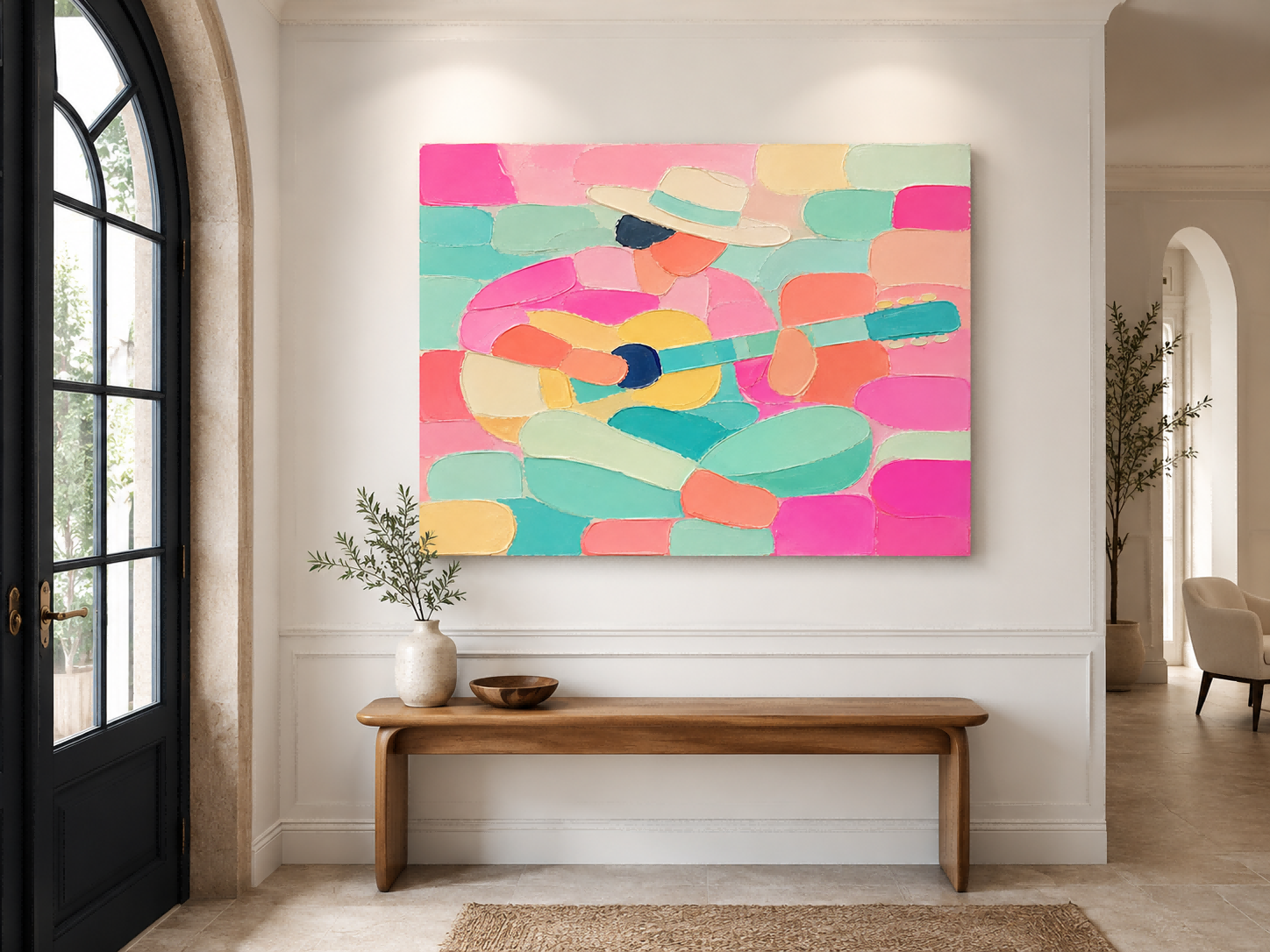 Modern Minimalist Guitar Player Oil Painting With Impasto Texture For Living Room Decor