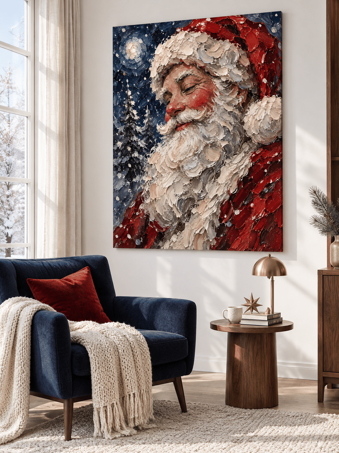 Modern Impressionist Holiday Painting With Serene Santa And Moonlit Sky Design